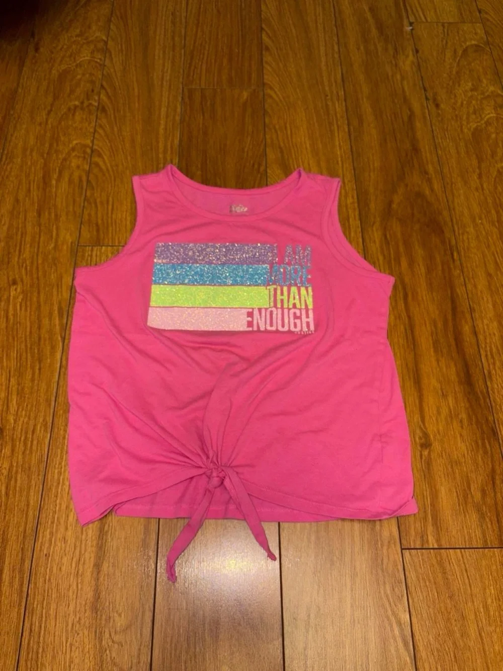Pink Justice tank top with sparkle graphic design
